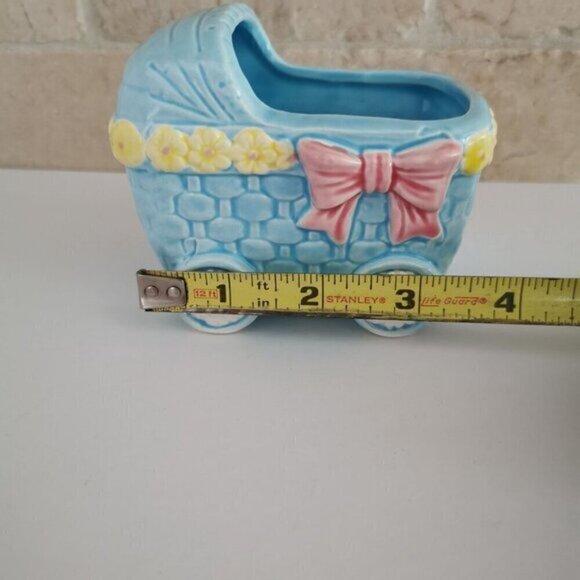 Blue Baby Carriage Ceramic Planter Vintage Nursery Decor Baby Shower Gift - Picture 10 of 10